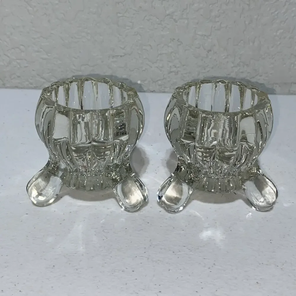 VTG Jeannette National 3 Legged Crystal Glass Footed Votive Candle Holders Set 2